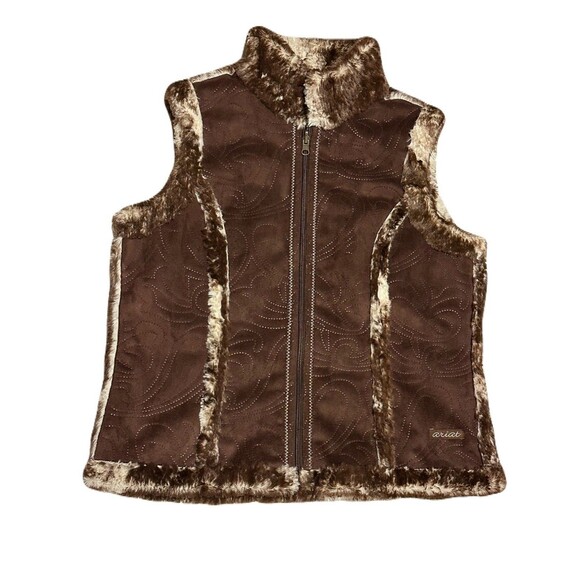 Ariat Womens Size Large Faux Fur Shearling Reversible Full Zip Vest Brown EUC - Picture 1 of 6